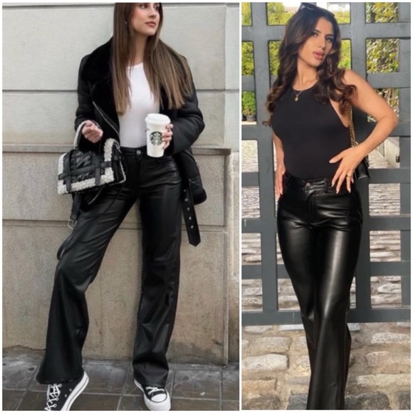 ZARA Faux Leather 90’s Wide Leg Pants Black Size 6 - Picture 1 of 16
